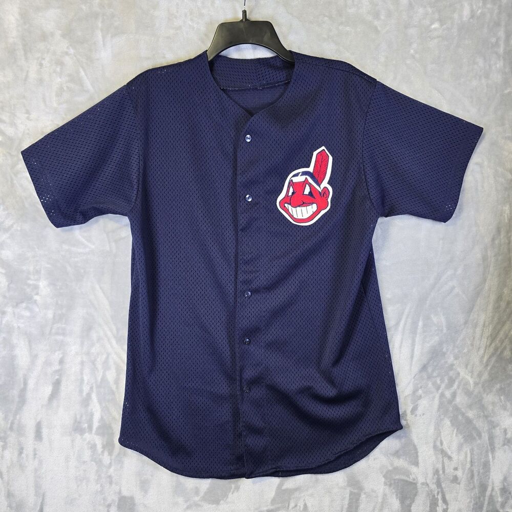VTG Cleveland Indians Navy Chief Wahoo Jersey Majestic *missing 1 Button And Tag - Picture 1 of 6